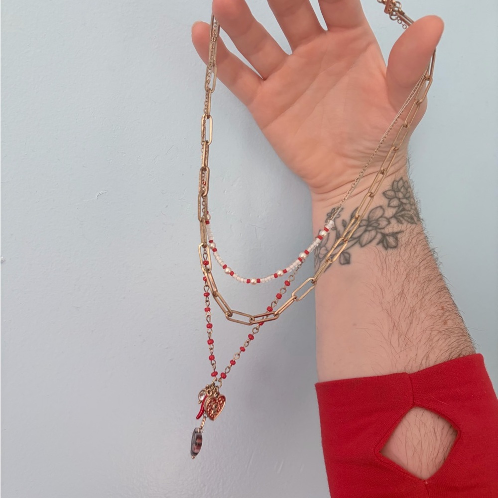 Free people Gold and Red Layered charm chili pepper Necklace